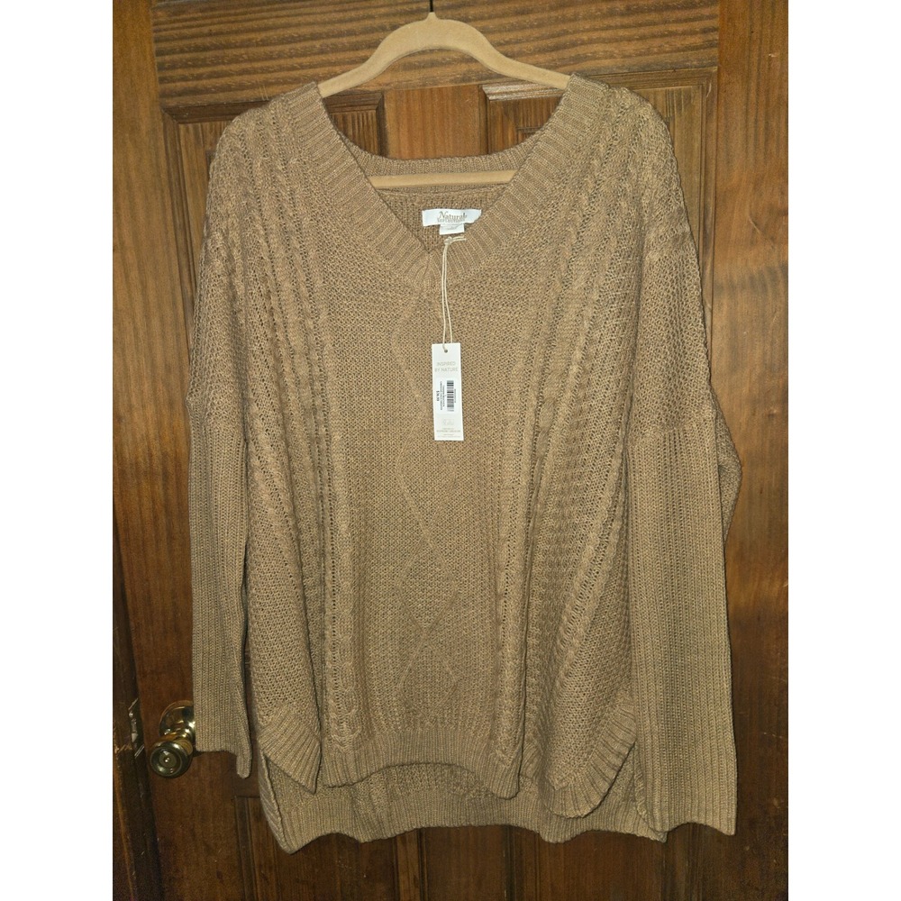 Natural Reflections Womens Cabin Side Cable Sweater Tannin Heather Brown V-Neck